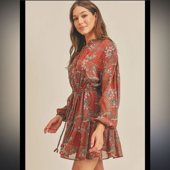 NWT Reset by Jane Small Rylie Rust Mini Floral Bohemian Red Floral Dress - Picture 1 of 5